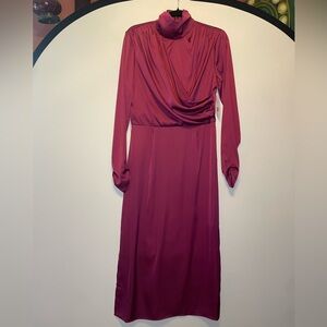 Alexis Admor Satin Magenta Midi dress with high neck and ruched draping. Size 8